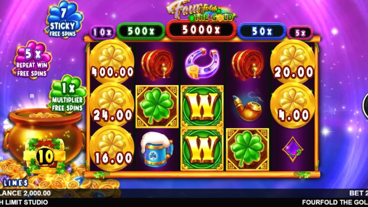 Tampilan antarmuka slot Fourfold the Gold di perangkat seluler